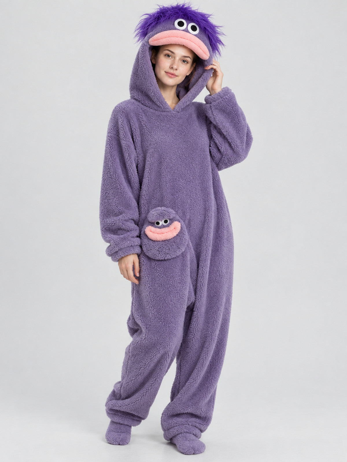 Insulated Fleece Pajama Jumpsuit with Cartoon Decor