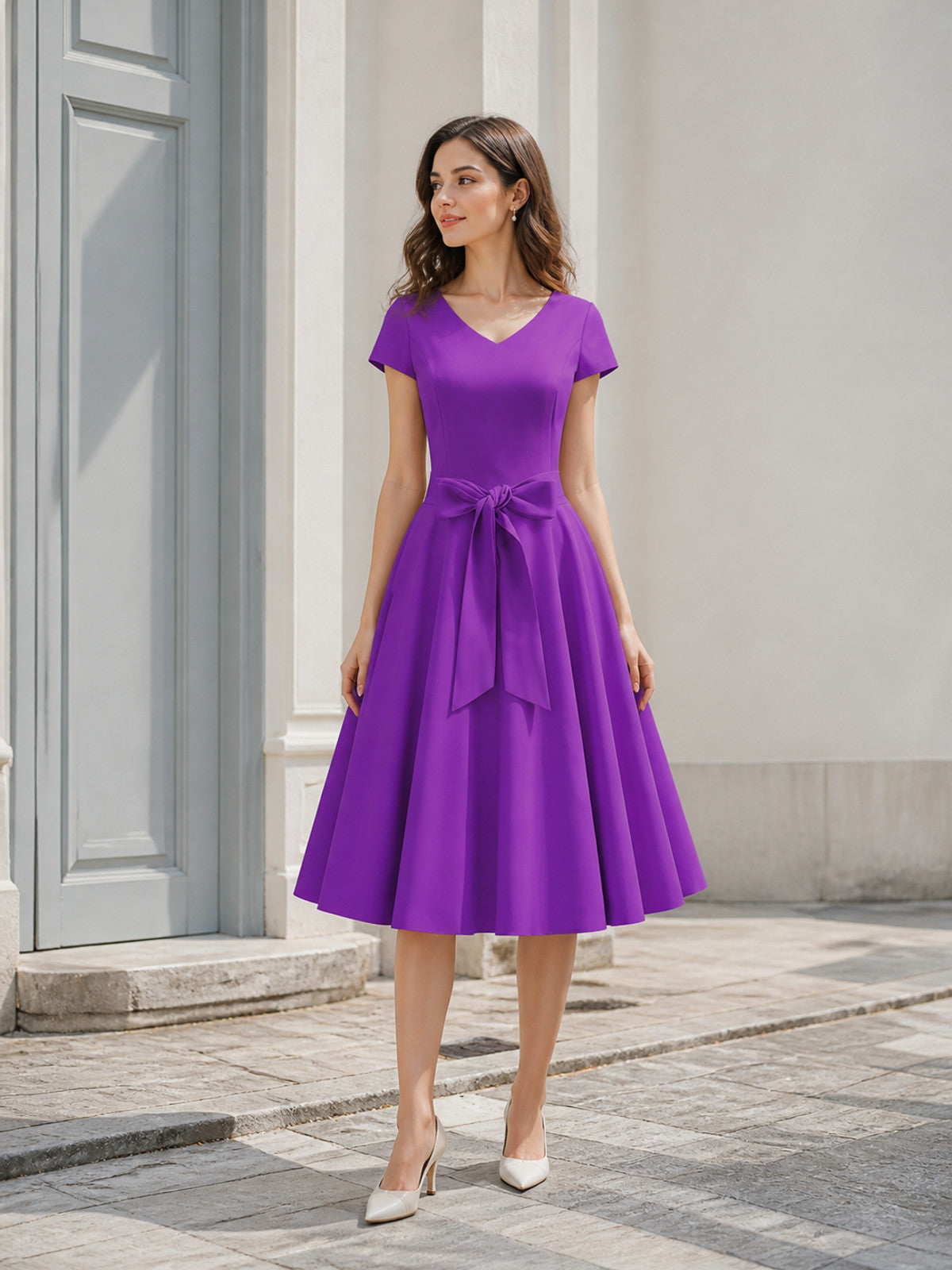 Purple V-Neck Dress with Bow