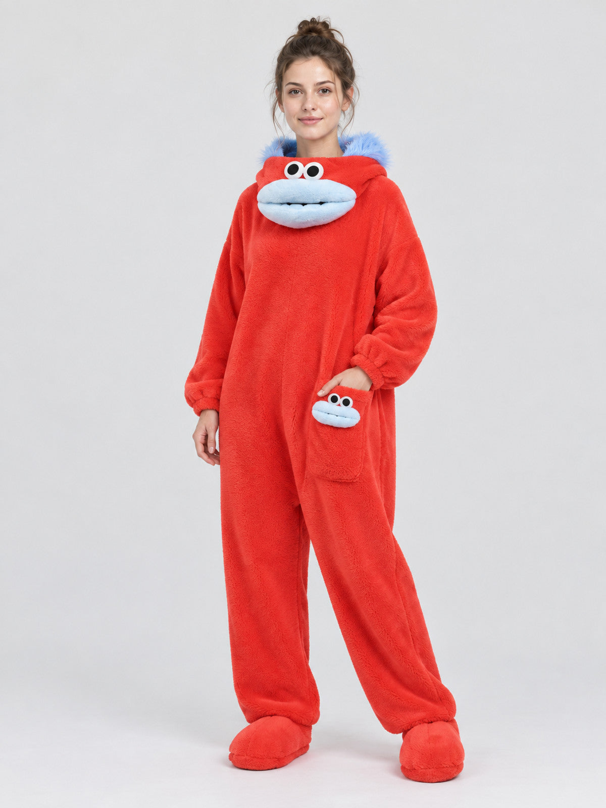 Red Hooded Pajama Jumpsuit with Cartoon Design