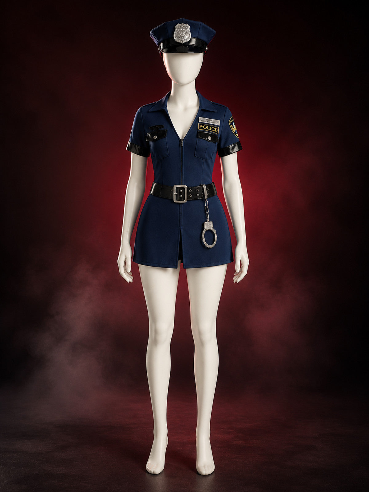 Women's Halloween Police Costume Set, Short-Sleeve V-Neck One-Piece with Hat main product view