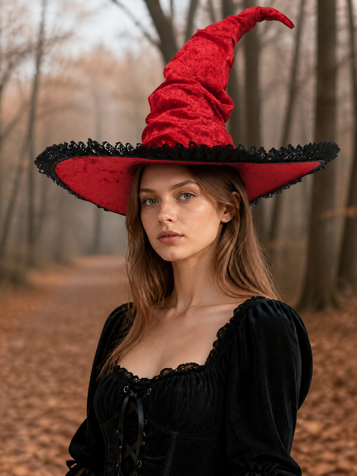 Red and Black Wide Brim Witch Hat, Tall Curved Pointed Top with Black Lace Trim