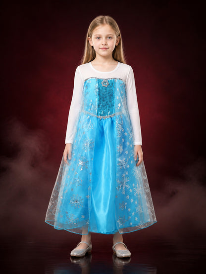 Girls' Snowflake Princess Dress Costume Set, Sequin Mesh Overlay With Long main product view
