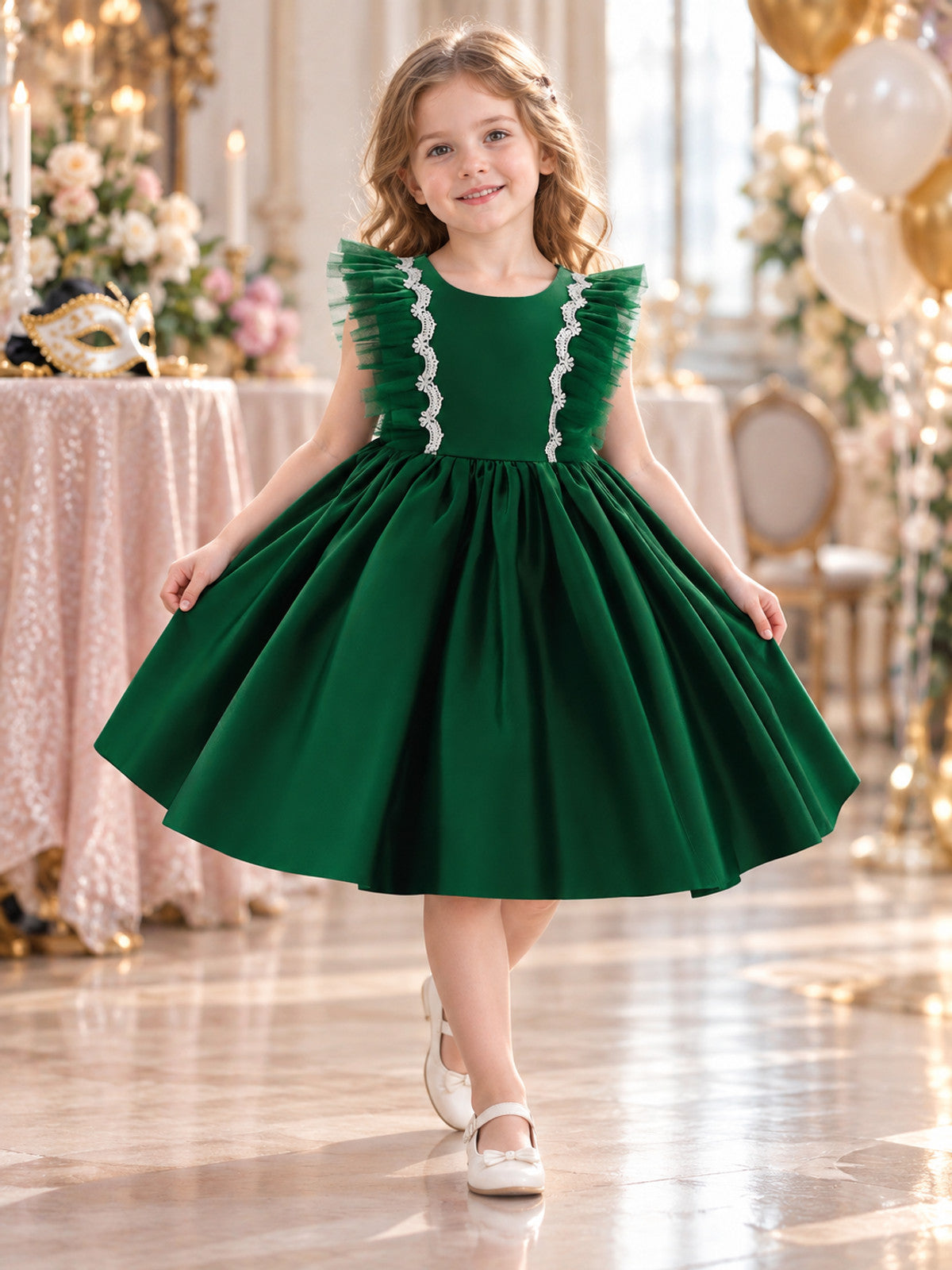 Dark Green Children's Holiday Dress with Lace and Bow