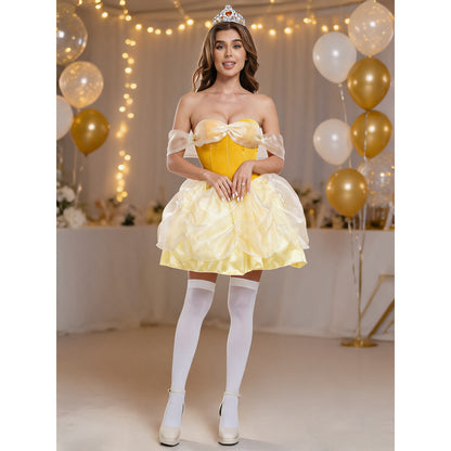 Golden princess dress with crown and white stockings lifestyle view