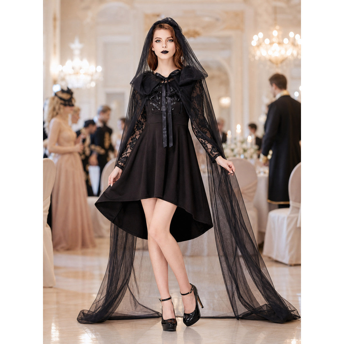 Gothic Costume with Hood and Black Cape