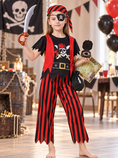 Red and black pirate costume with skull print
