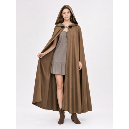 Brown hooded cape on a full-body model over a gray dress, held open to show the interior and front opening