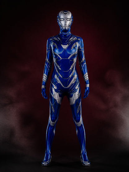 Unisex Superhero Armor Bodysuit Costume, Metallic Blue Silver Print, Halloween main product view