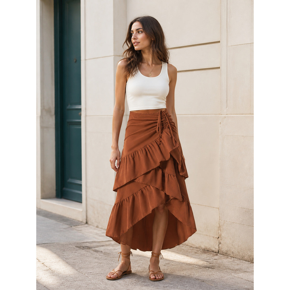 Asymmetrical Tiered Ruffle Skirt with Drawstring