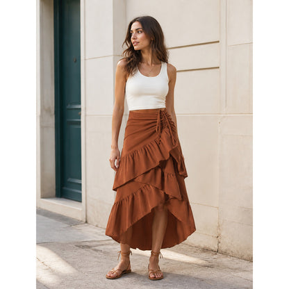 Asymmetrical Tiered Ruffle Skirt with Drawstring