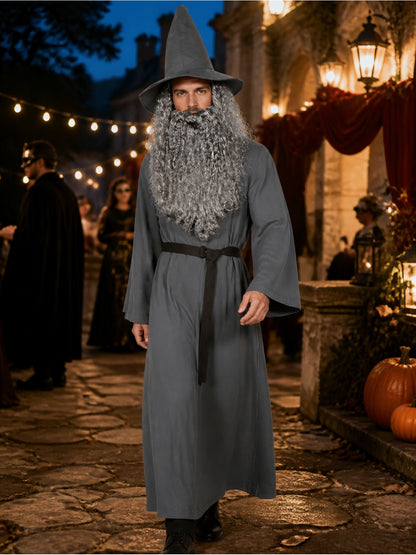 Adult Halloween Wizard Costume Set - 5Pcs Long Sleeve Robe, Curved Hat, Belt