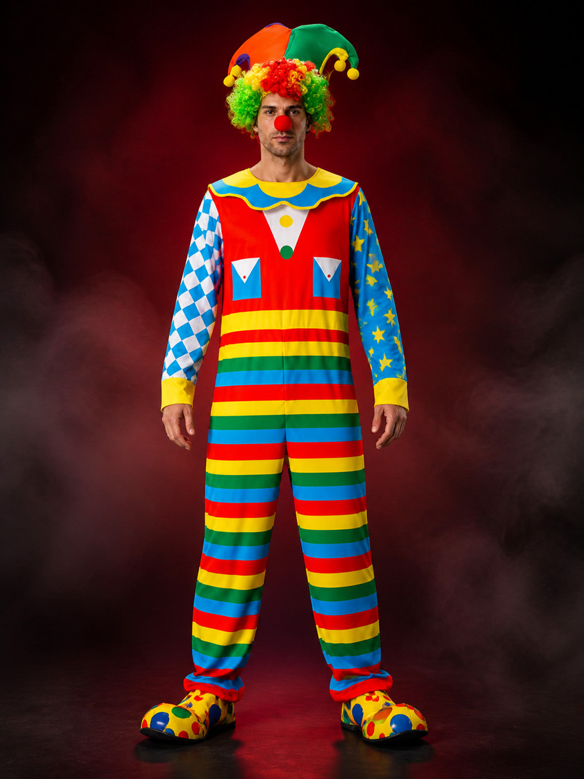 Unisex Halloween Joker Costume Jumpsuit with Hat, Multicolor Striped Clown main product view