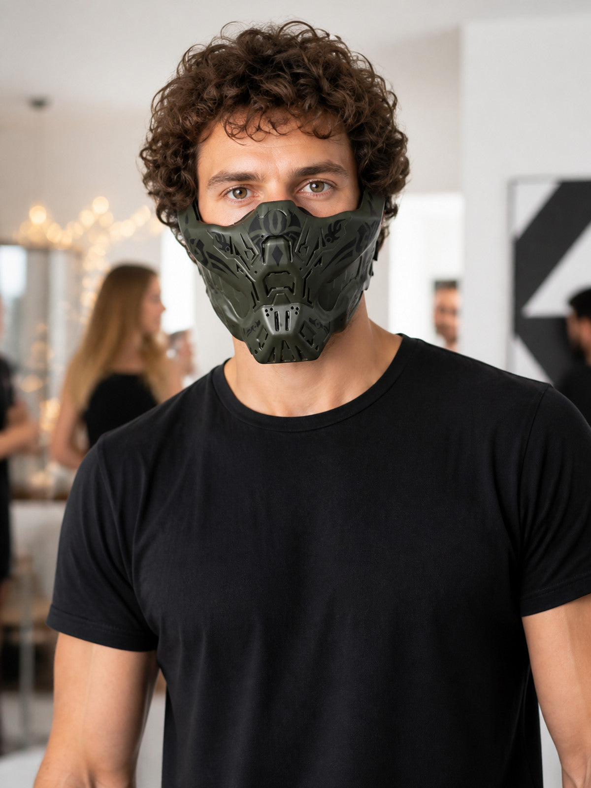 Halloween Mask, Tactical Half Mask with Tribal Print lifestyle view