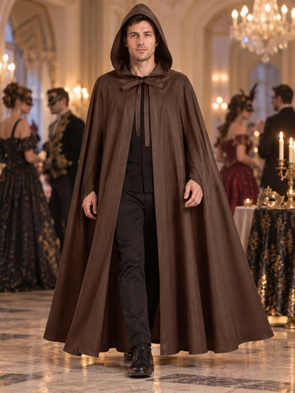 Long Sleeveless Hooded Cloak Cape Brown