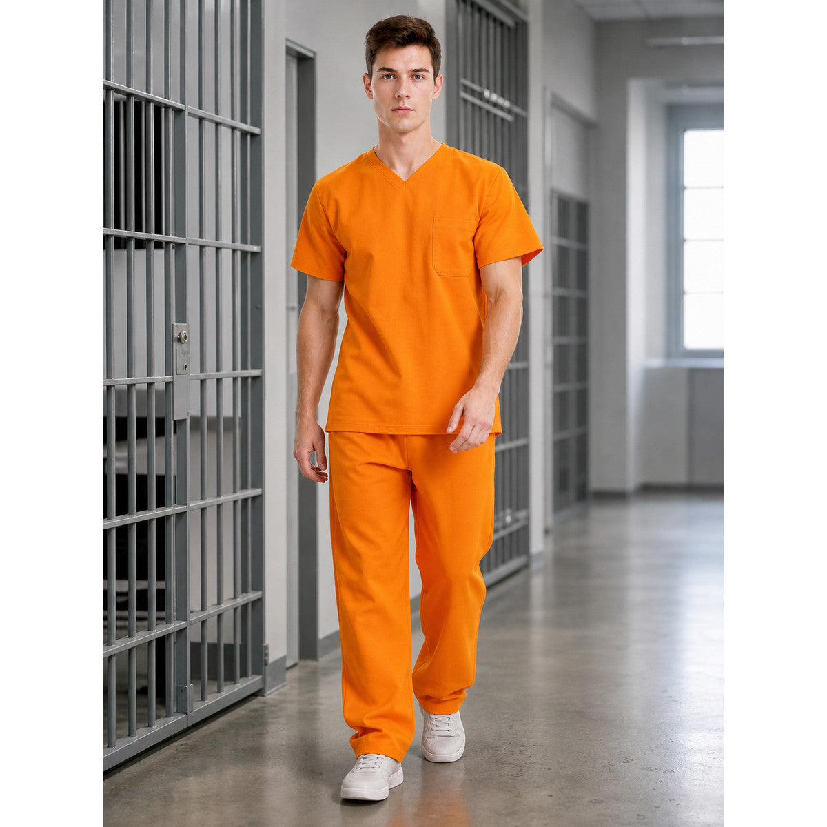 Orange short-sleeve shirt with chest pocket and matching pants modeled full-body in a corridor with barred doors