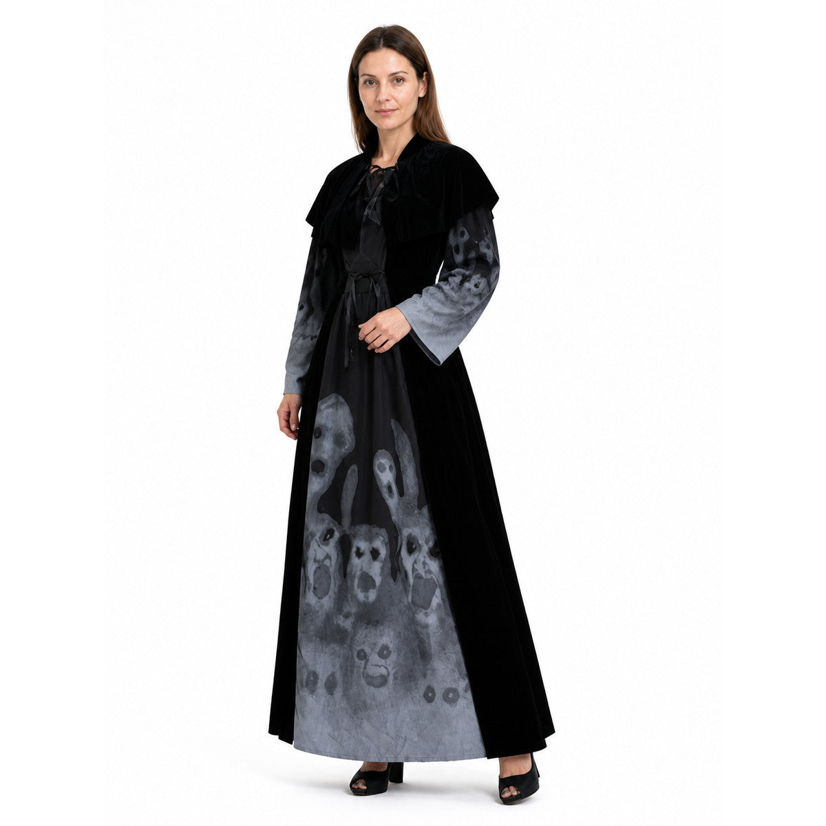Black Halloween Dress with Cape and Ghost Print Costume Dresses detail