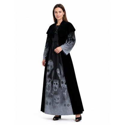 Black Halloween Dress with Cape and Ghost Print Costume Dresses detail