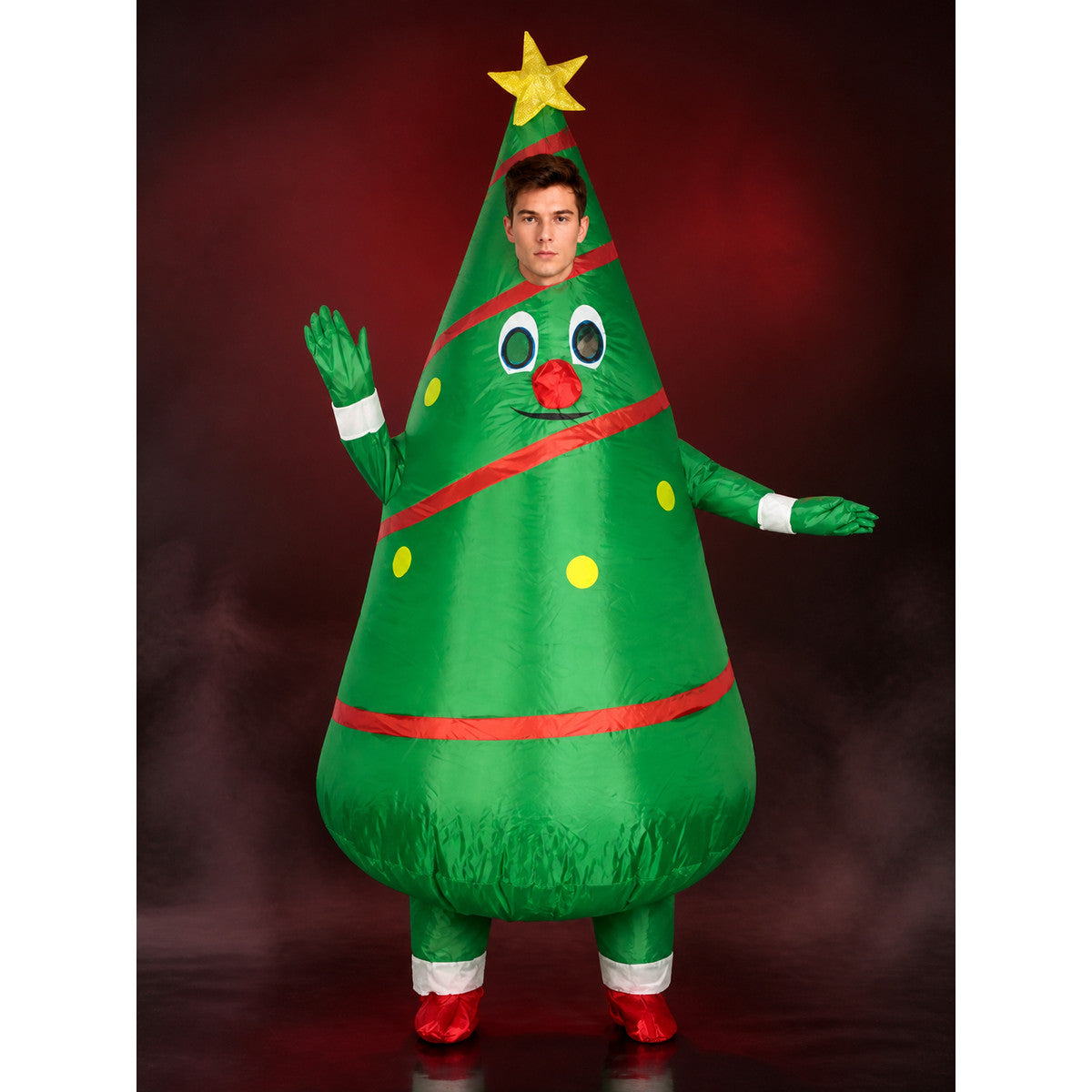 Unisex Christmas Tree Costume, Cartoon Face with Star Topper, Green Party Outfit main product view