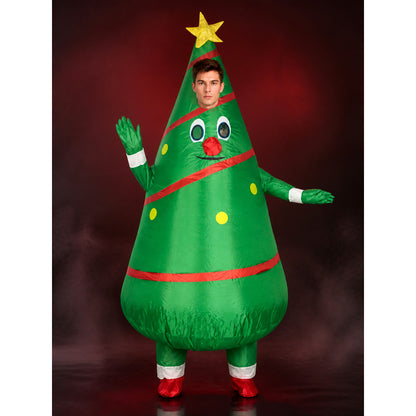 Unisex Christmas Tree Costume, Cartoon Face with Star Topper, Green Party Outfit main product view