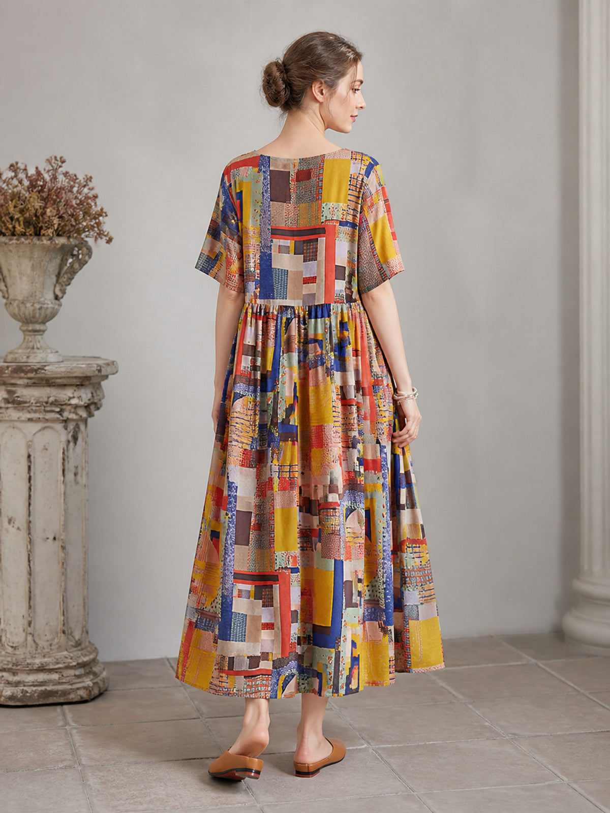 Colorful Geometric Patchwork Print Short Sleeve Long A-Line Dress with Round