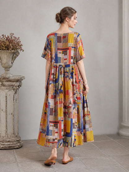 Colorful Geometric Patchwork Print Short Sleeve Long A-Line Dress with Round