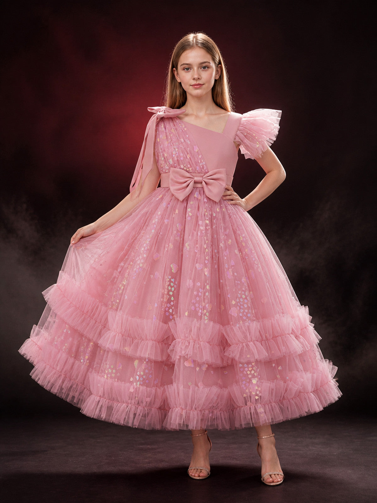 Baby Girls' Pink Sequined Princess Dress with Bows and Layered Ruffle Skirt main product view