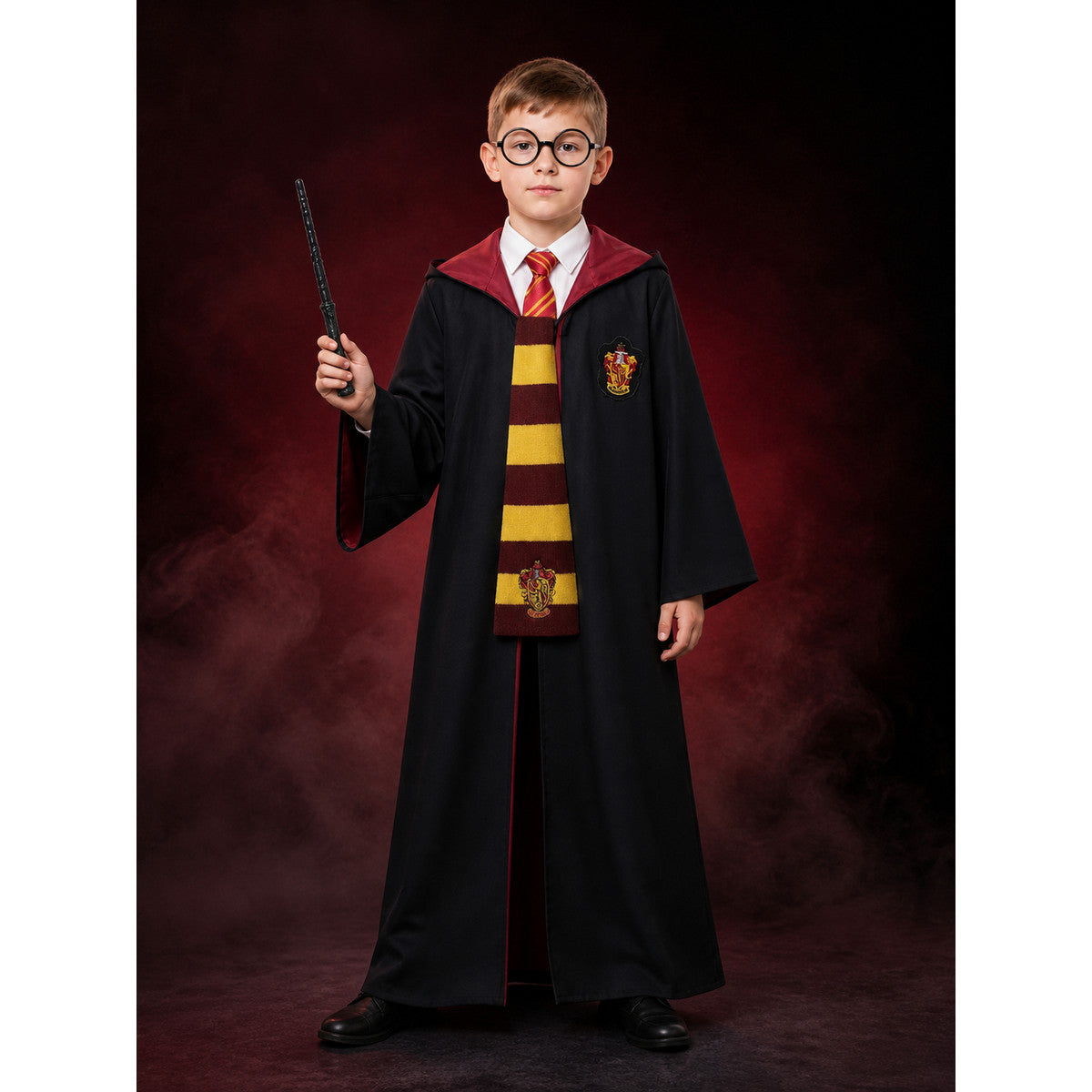 Kids Red and Yellow Hooded Wizard Robe Costume Set with Scarf, Tie, Glasses and main product view