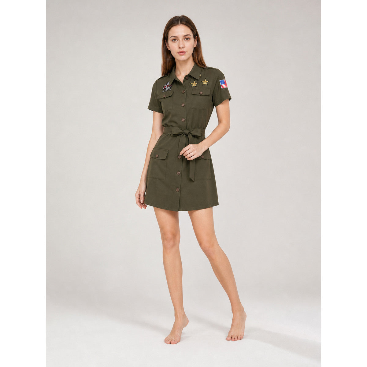 Military-style costume dress with belt and gloves lifestyle