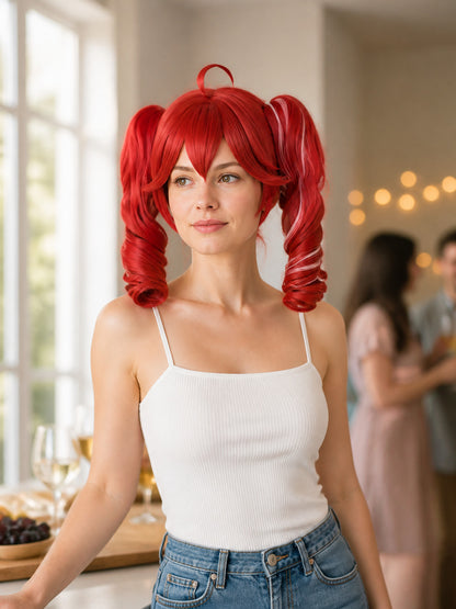 Long Red Cosplay Wig with Twin Tails lifestyle view