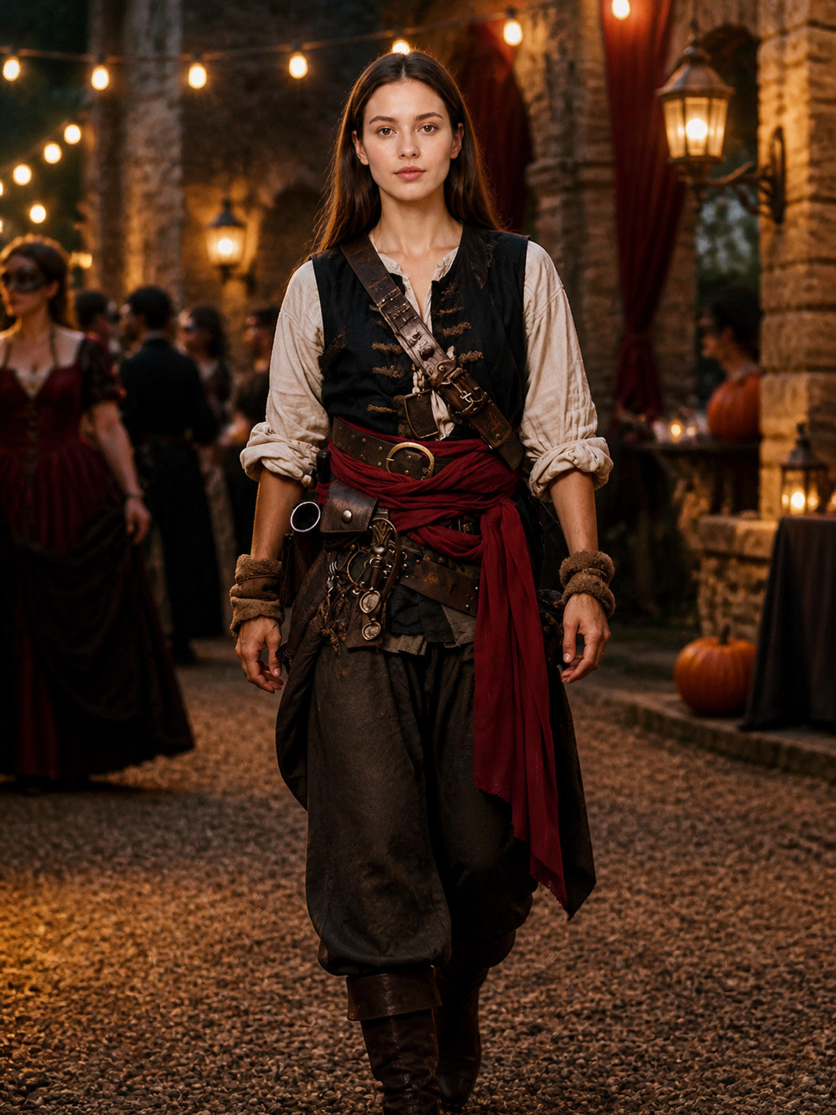 Adult Pirate Costume Waist Sash Black Layered Wrap Long Strip Halloween Cosplay