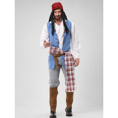 Pirate costume — a layered outfit with a medieval Caribbean theme for Halloween, themed parties, cosplay, and stage performances. The design combines brown, gray, white, red, blue, and black colors. The outfit is centered around a blue vest