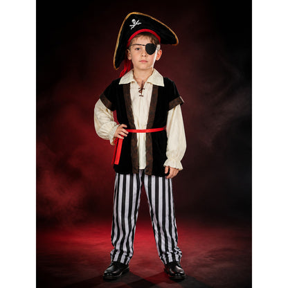 Kids' Pirate Costume Set - Skeleton Print Shirt, Striped Pants, Hat, Eye Patch main product view