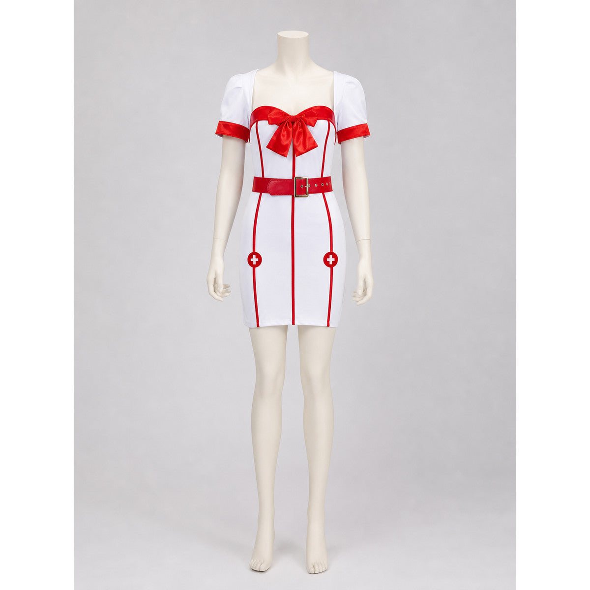 White-and-Red Nurse Costume with Bow and Belt