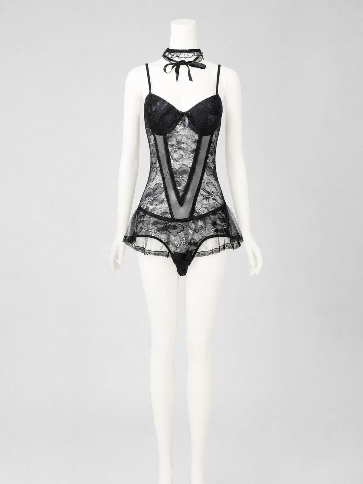 Black Lace Bodysuit with Skirt, Bows, and Ruffles product detail