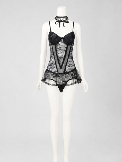 Black Lace Bodysuit with Skirt, Bows, and Ruffles product detail