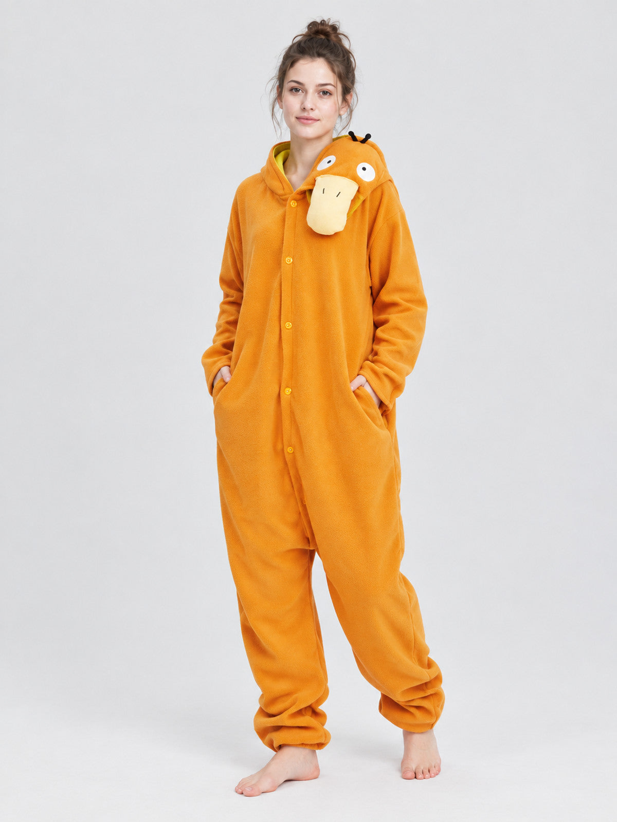 Orange Fleece Jumpsuit Pajama with Oversized Hood