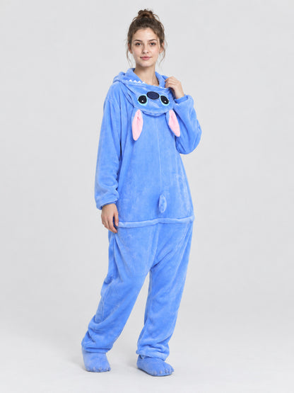 Blue pajama jumpsuit with a hood, ears, and tail