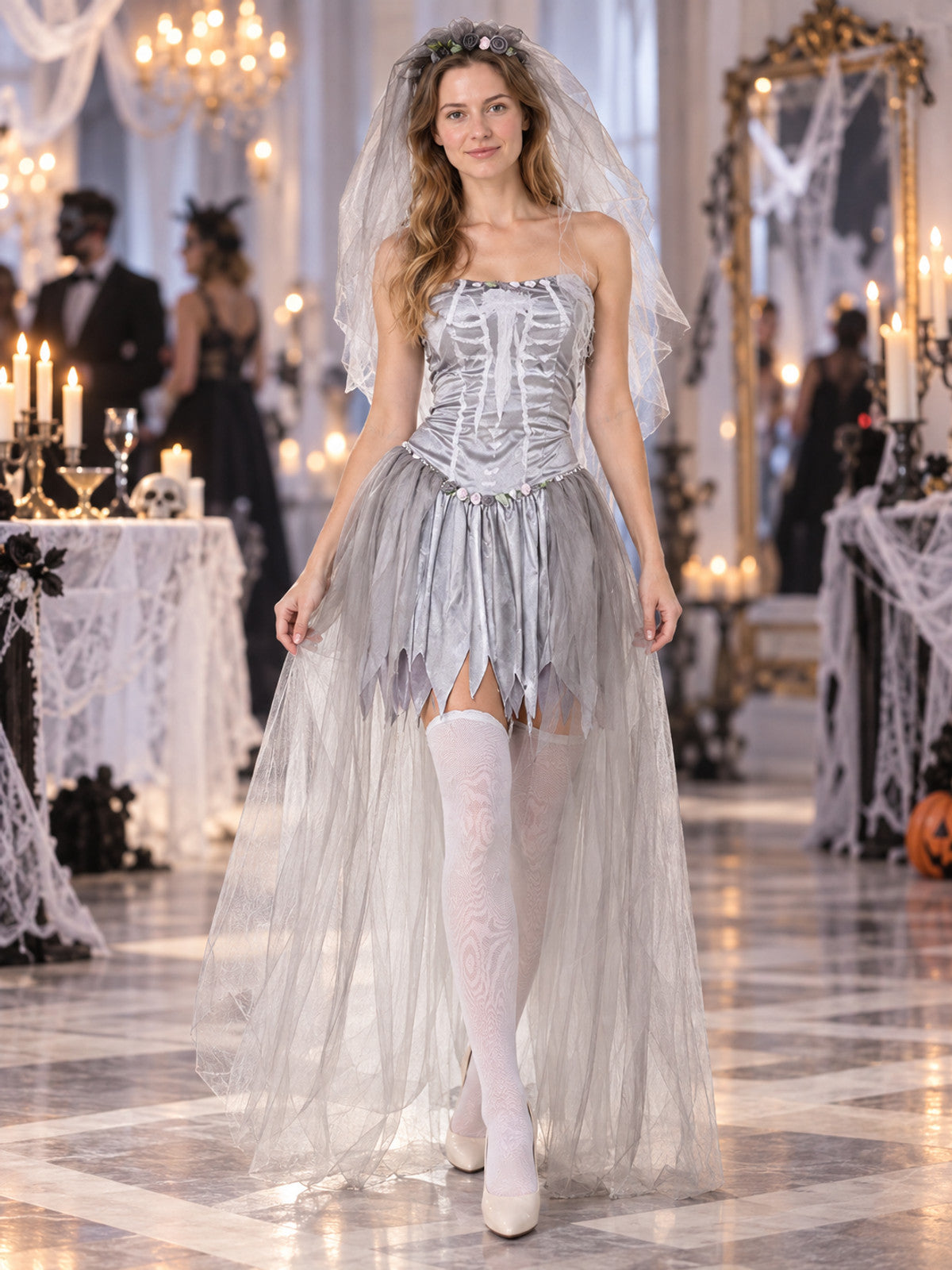 Ghost Bride Carnival Costume with Veil, Silver
