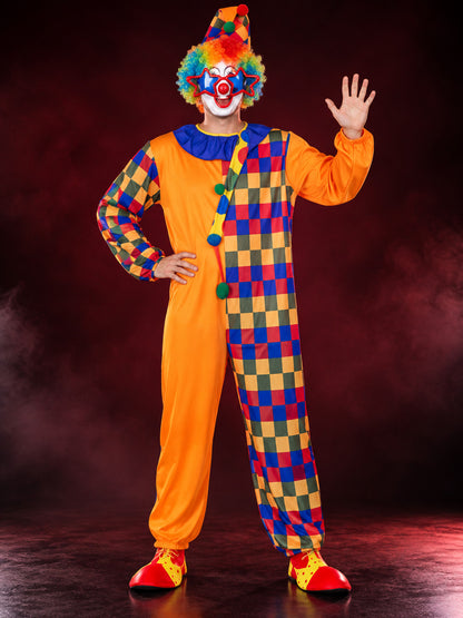 Adult Clown Costume: Jumpsuit, Wig, Mask, Hat