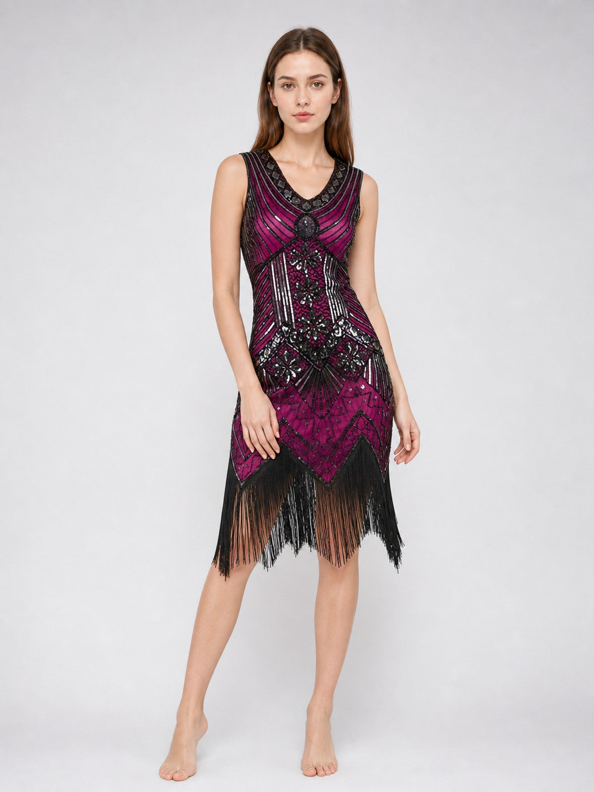 1920s-Style Flapper Dress with Fringe and Sequins