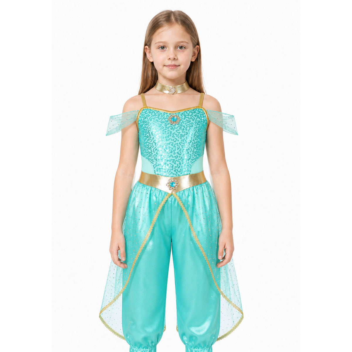 Turquoise Sequin Carnival Jumpsuit for Halloween Costumes detail
