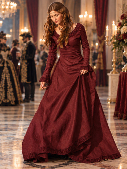 Vintage Burgundy Dress with Lace Trim and Full Skirt