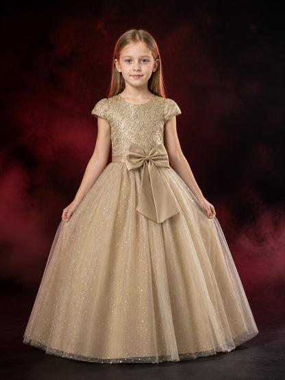 Girls' Champagne Princess Dress with Floral Lace, Bow and Sequin Tulle Skirt main product view