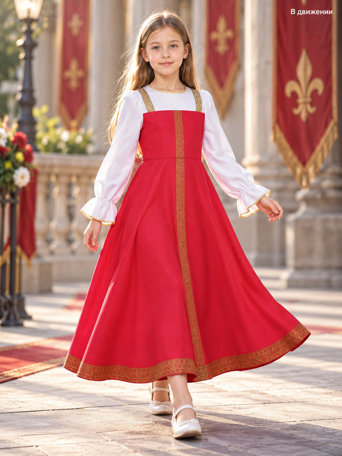 gold red white gold long sleeve flared cosplay dress product image 2