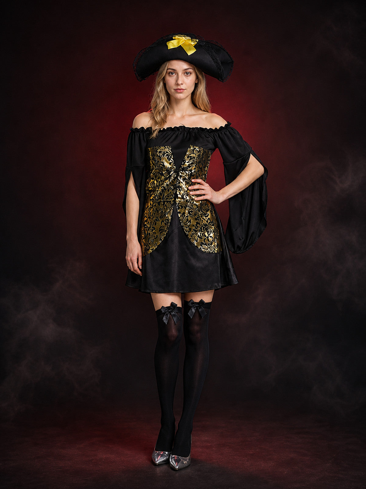 Adult Pirate Costume Set, Black and Gold Off-Shoulder Dress With Hat main product view