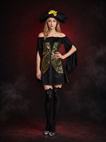 Adult Pirate Costume Set, Black and Gold Off-Shoulder Dress With Hat main product view