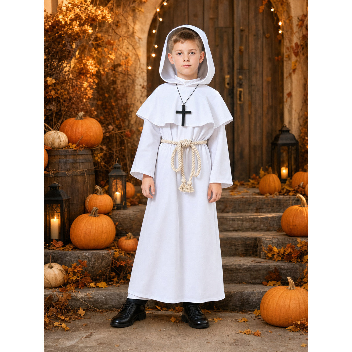 White hooded robe costume shown full-body on a child outdoors among pumpkins, with a capelet, rope belt, and black cross necklace