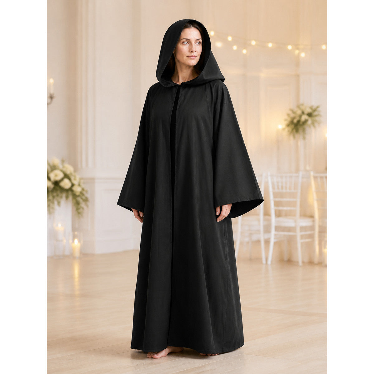 Black Long Hooded Robe for Halloween Cosplay lifestyle view