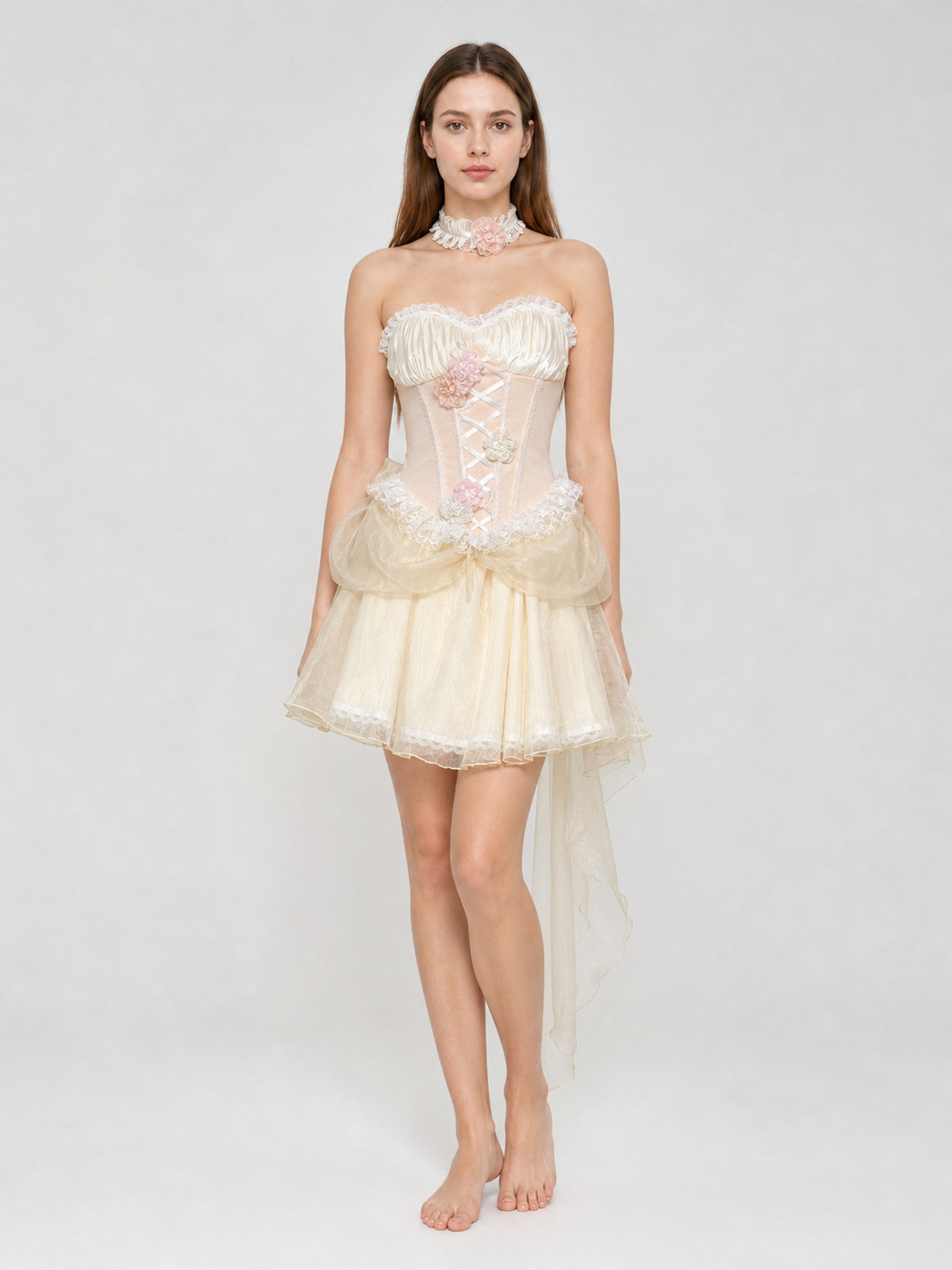 Carnival Dress with Corset, Flowers, and Train