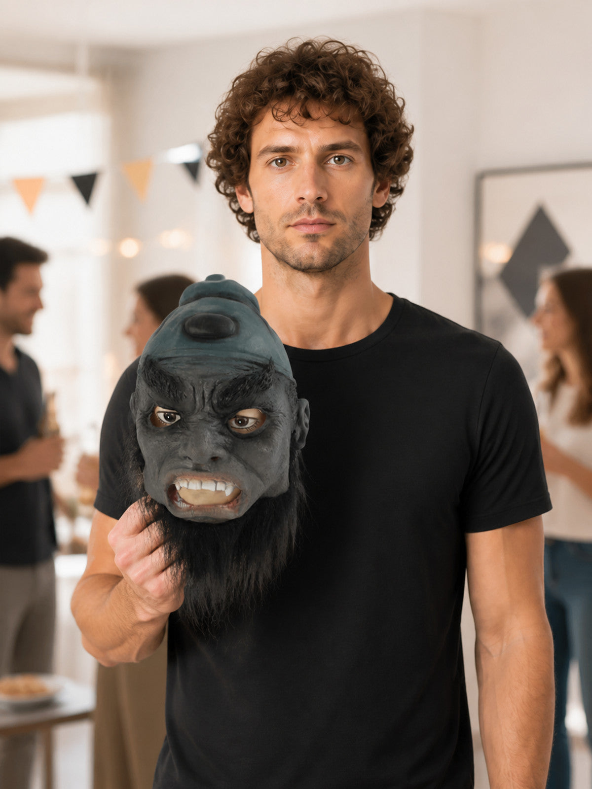 Gray-Black Carnival Mask with Hair and Beard lifestyle view